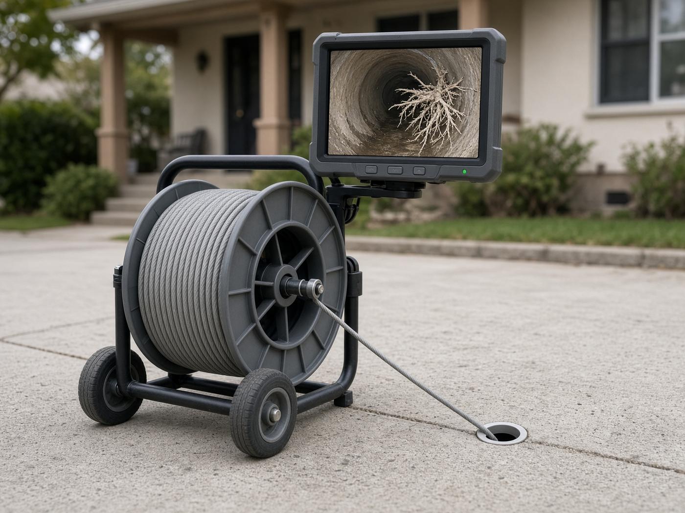 Sewer inspection camera reel and monitor showing the inside of a pipe