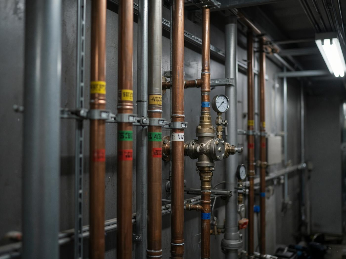 Commercial high-rise mechanical room with vertical pipe risers