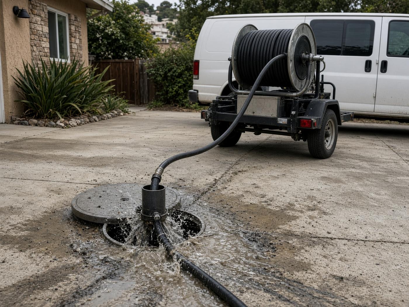 Hydro-jetting hose working a sewer cleanout in a driveway