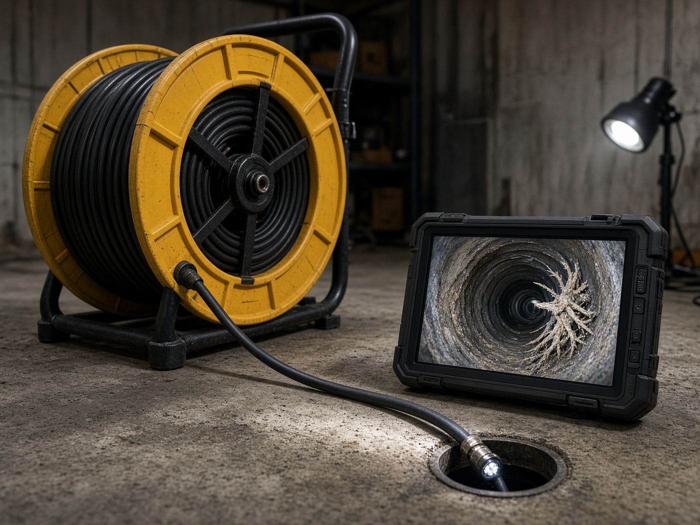 Sewer inspection camera reel and monitor showing the inside of a pipe