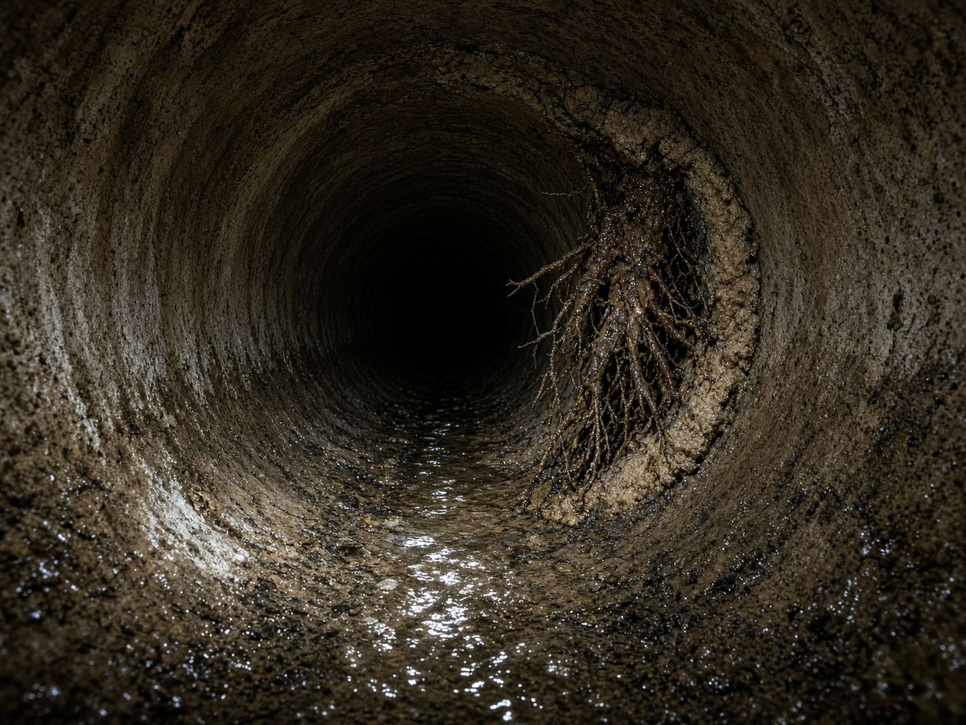 Live sewer camera view of tree roots inside a pipe