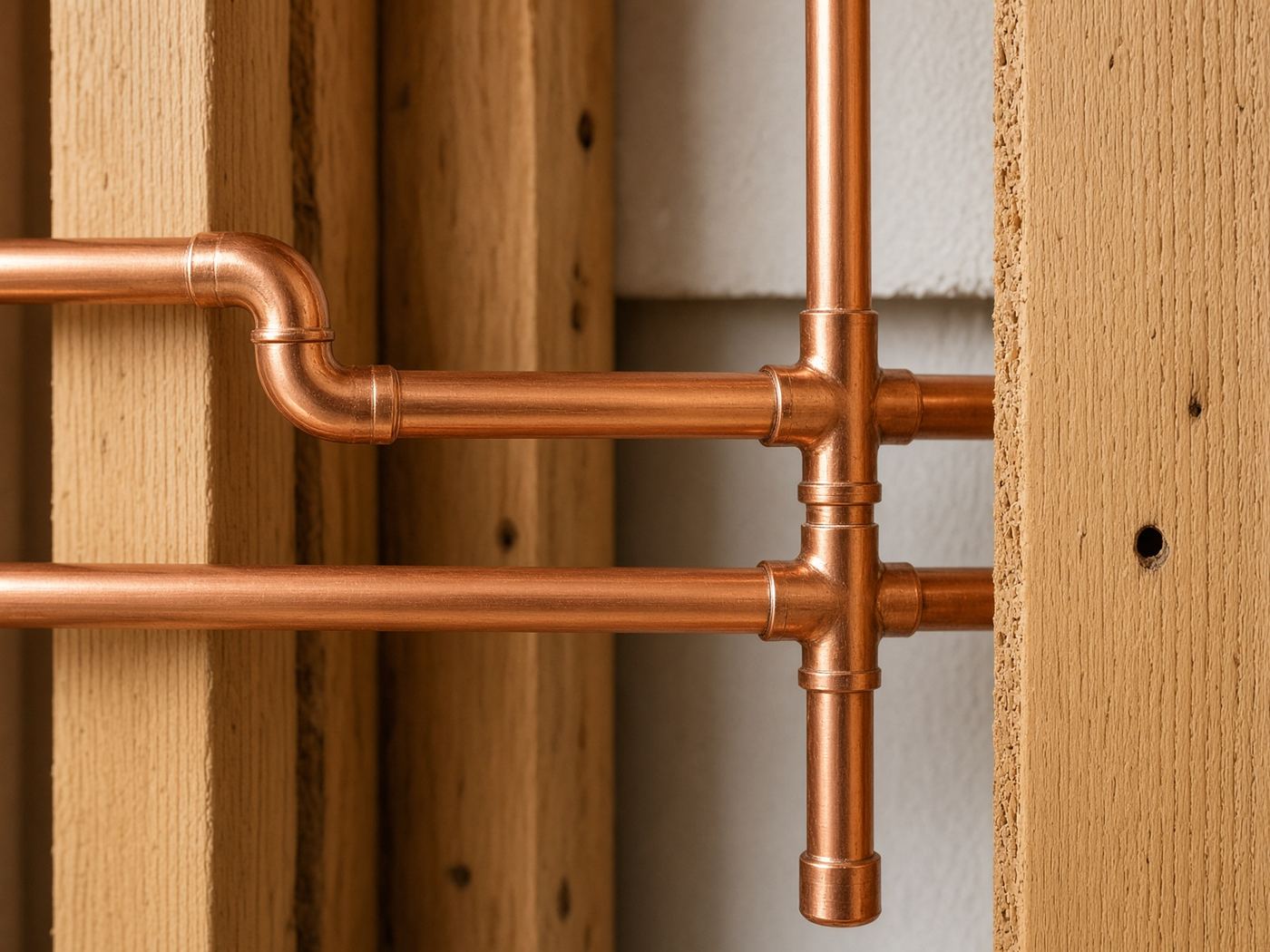 New copper water pipes installed in an opened residential wall
