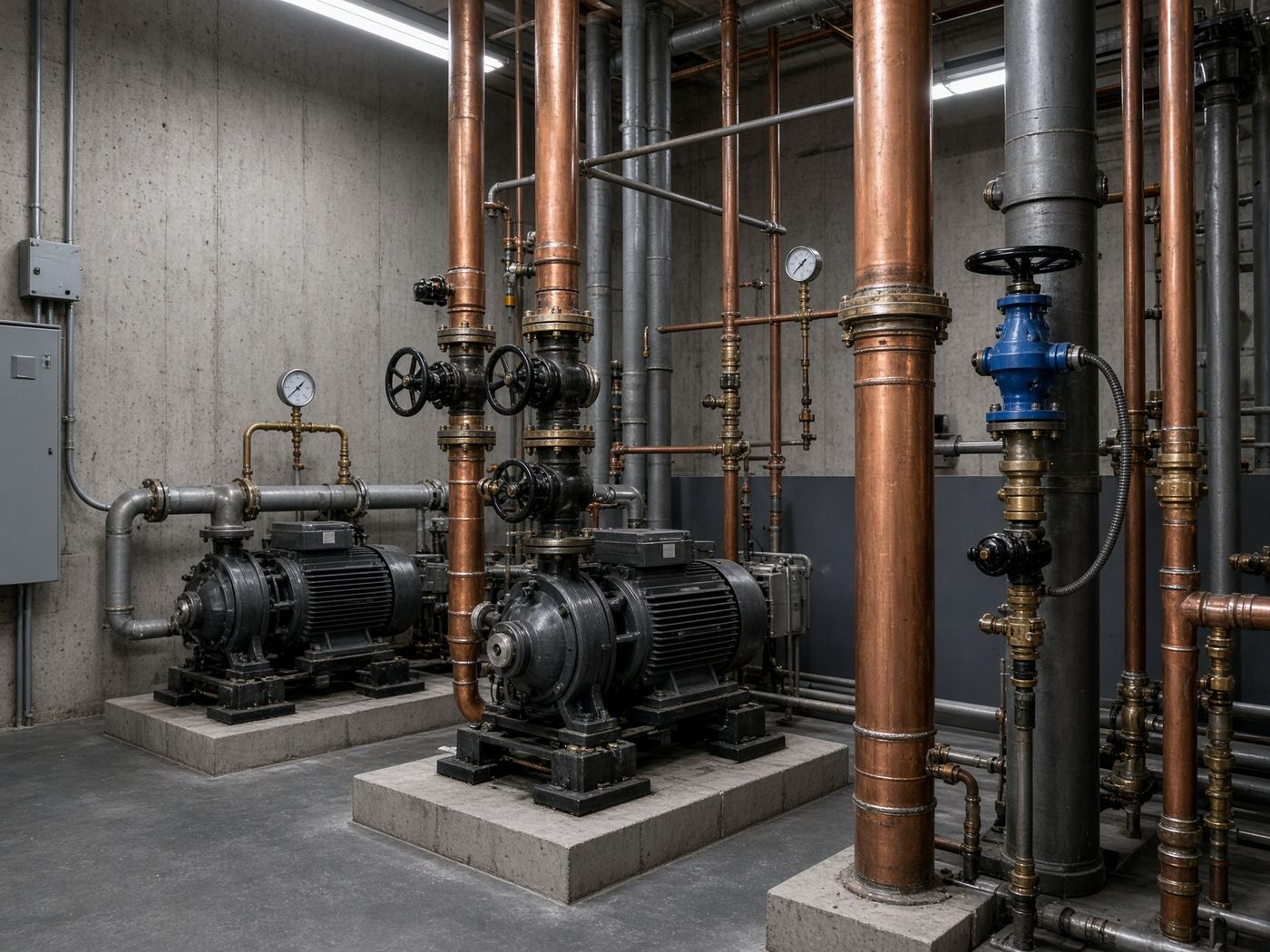 Commercial high-rise mechanical room with vertical pipe risers