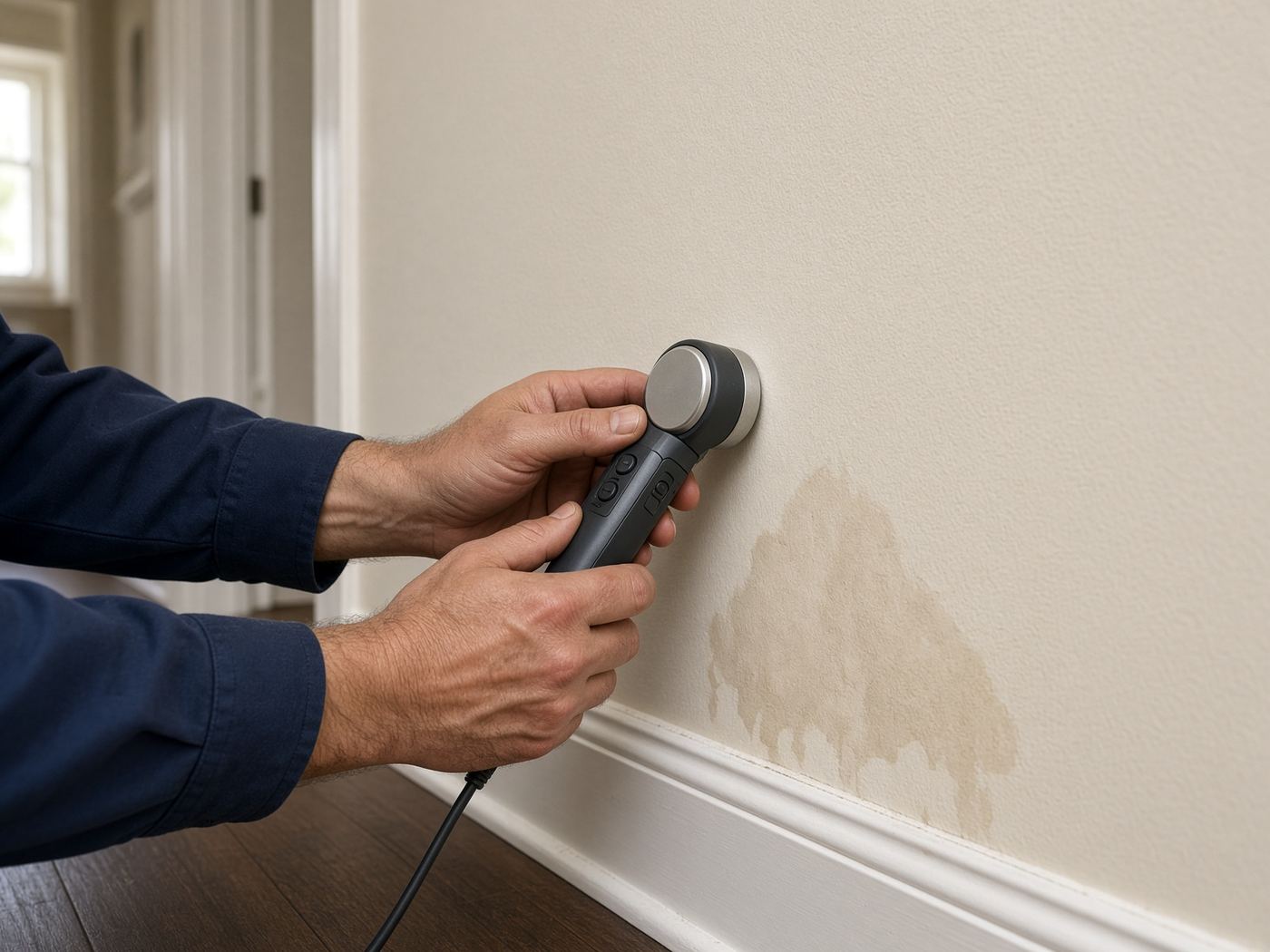 Technician using an electronic leak detector on an interior wall